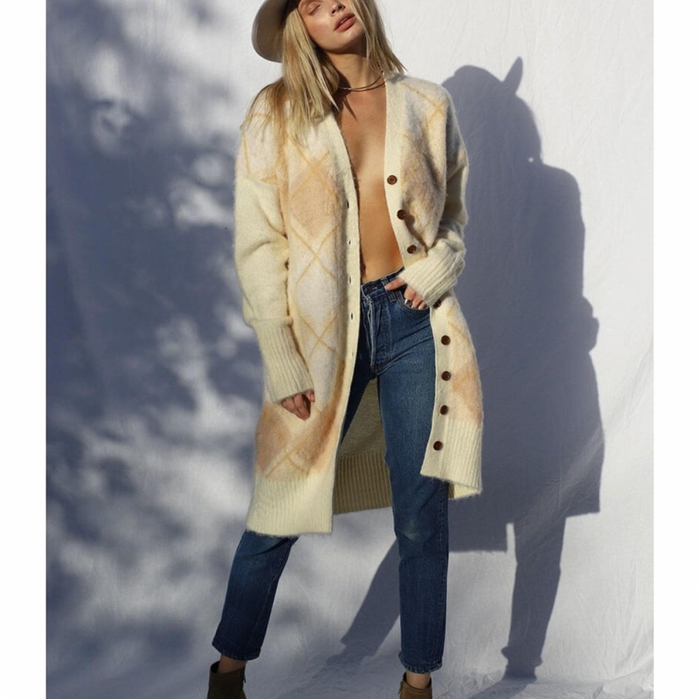 Jen’s Pirate Booty x Free People Louella XS / Sm Ivory Tan Argyle Dress Cardigan